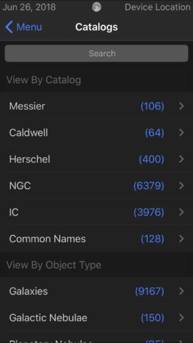 Astronomy objects catalogs in Observer Pro Astronomy Planner iOS app screenshot