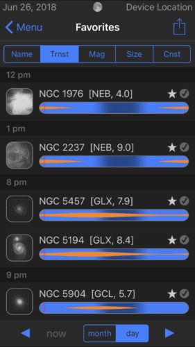 Favorites list sorted by transit in Observer Pro Astronomy Planner iOS app screenshot