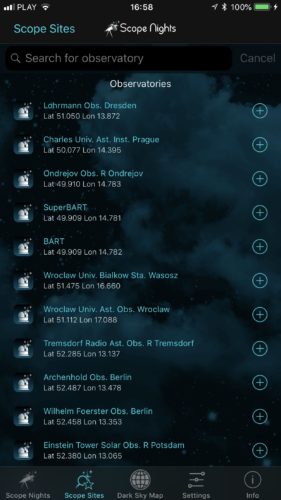 Nearby observatories list in Scope Nights Astronomy Weather iOS app screenshot