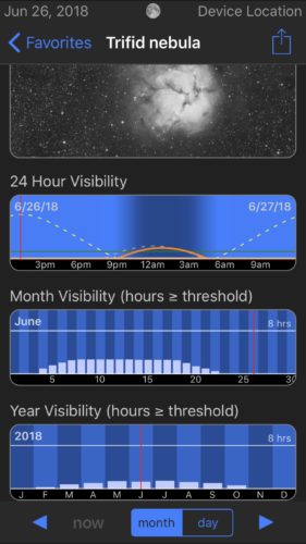 Trifid Nebula visibility in Observer Pro Astronomy Planner iOS app screenshot